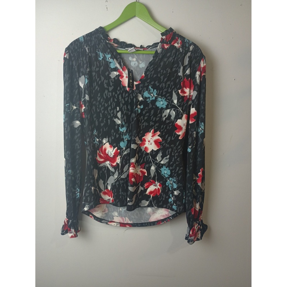 WHBM Winter Floral Mixed Smocked Shoulder V-Neck Top 570335818 Small